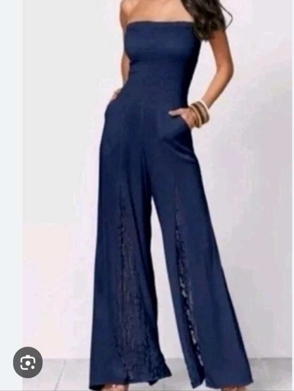 VENUS Women's SIZE GB/S Navy Blue Strapless Wide-Leg Jumpsuit
